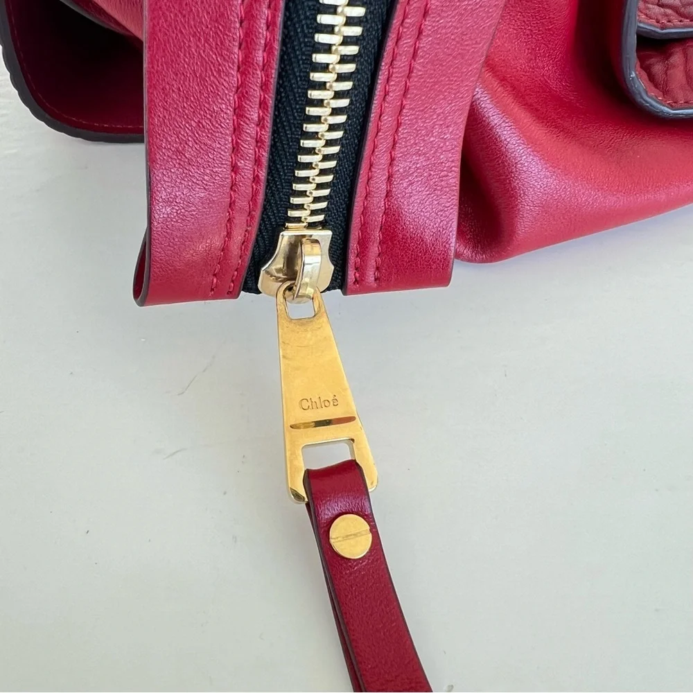 CHLOE Dree Red Structured Pebbled Leather Gold Hardware Shoulder Tote Satchel
